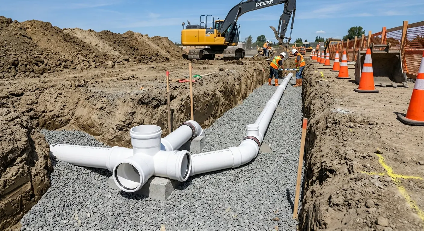 New PVC sewer pipe installation in open trench for Commercial Drain Cleaning in Mount Juliet