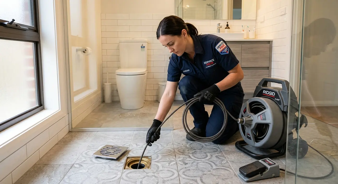 Technician clearing a bathroom floor drain for Sewer Line Replacement in Mount Juliet